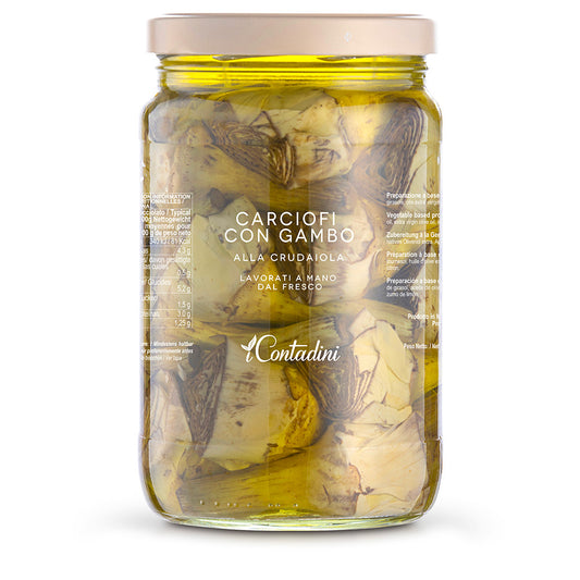 Artichokes with Stem in Crudaiola Sauce - 520g Jar - Artisanal Artichokes