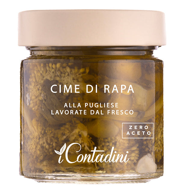 Jar of 'Cime di Rapa' with 'i Contadini' branding on a white background