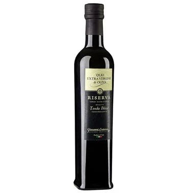 Bottle of Riserva olive oil on a white background