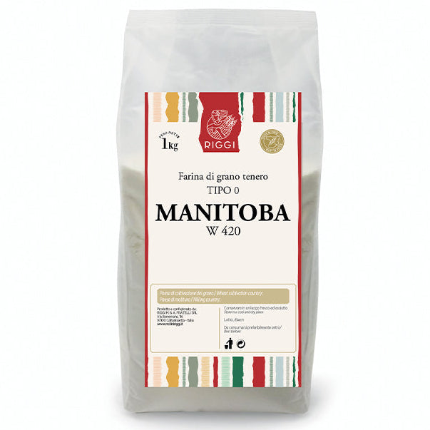 Bag of Manitoba flour with a visible brand logo on a white background