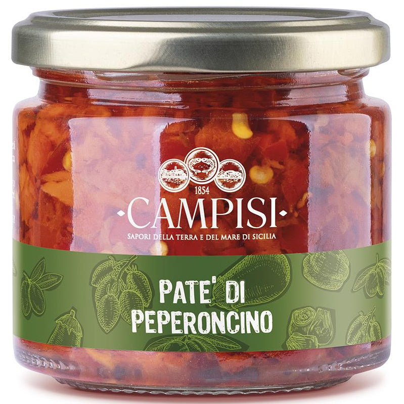 Jar of Campisi pepper paste on a white background