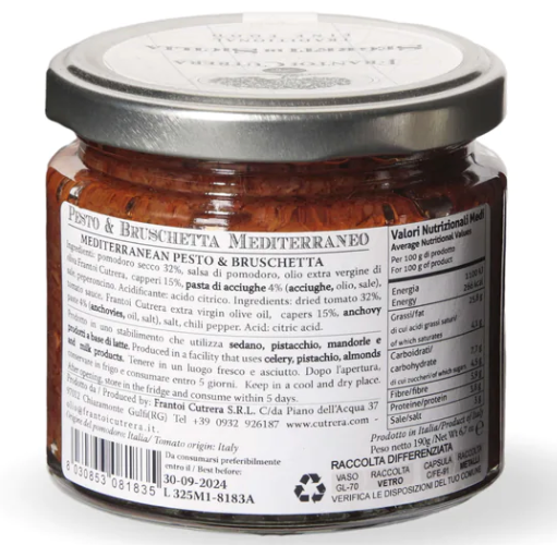 Jar of pesto and bruschetta with label on a white background