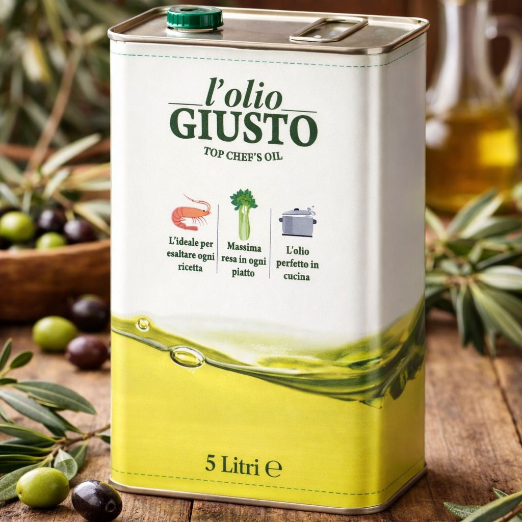 L'Olio Giusto olive oil can on a wooden surface with olive branches and olives.