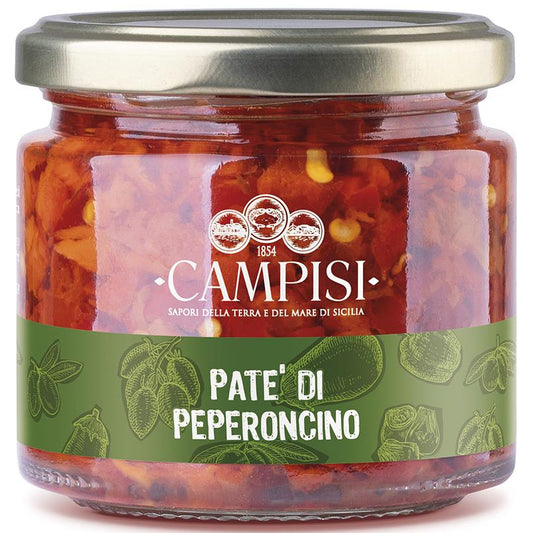Jar of Campisi pepper paste on a white background