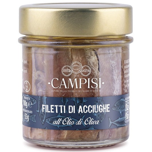 Jar of Campisi filetti di acciughe on a white background