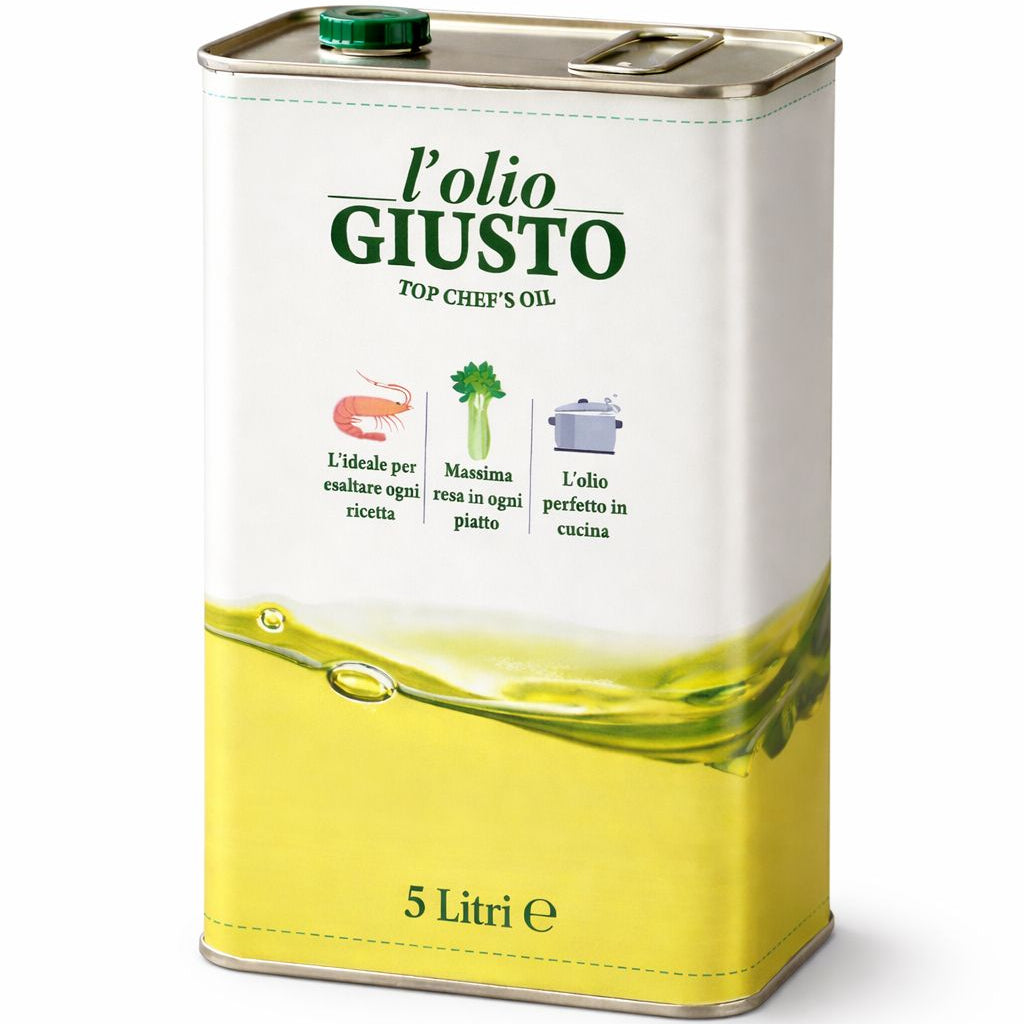 Olive oil canister labeled 'l'olio Giusto' on a white background