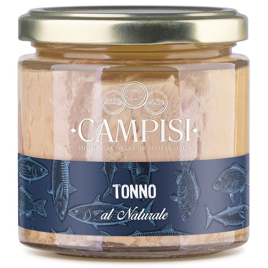 Jar of Campisi tuna on a white background